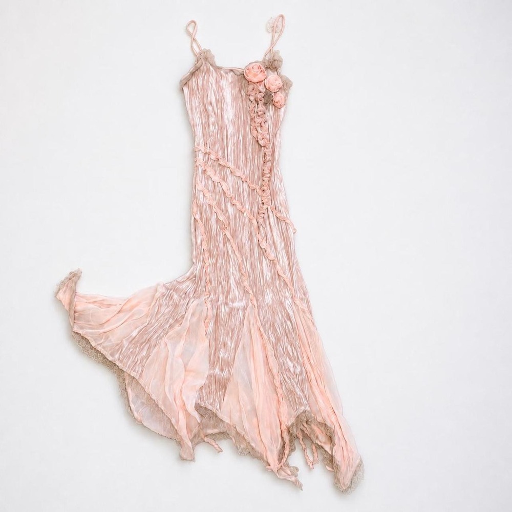 Y2K Fairy Ragdoll Pink Rosette Lace Fairy Hem Maxi Dress Size M